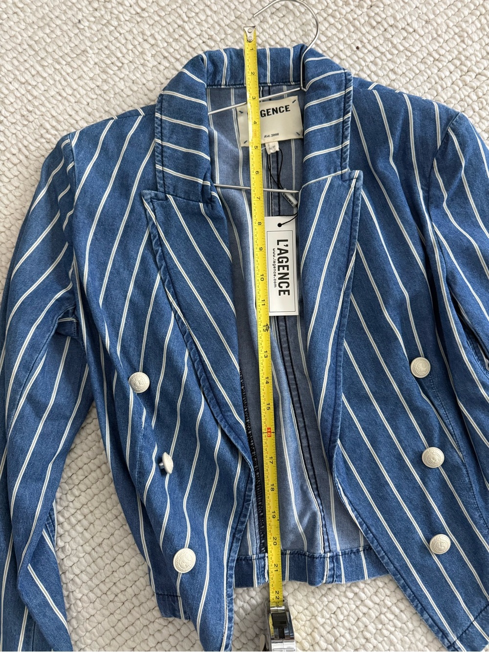 L'AGENCE Navy and White Striped Cropped Double-Breasted Blazer - Picture 7 of 10